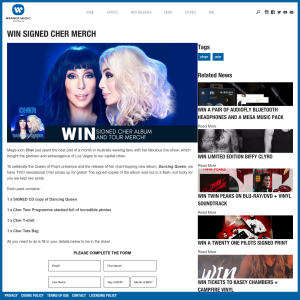 Win signed Cher album and tour merch