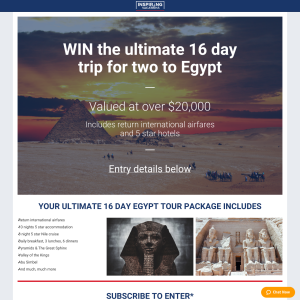 Win the ultimate 16 day trip for two to Egypt