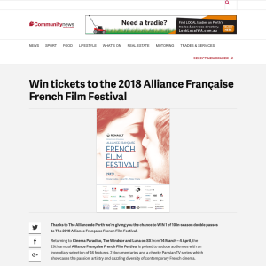 Win tickets to the 2018 Alliance Française French Film Festival