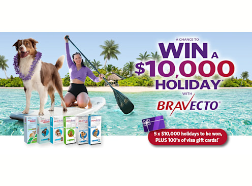 Win 1 of 5 $10K Travel Vouchers & 1 of 200 $50 Visa Gift Cards - Bravecto Australia